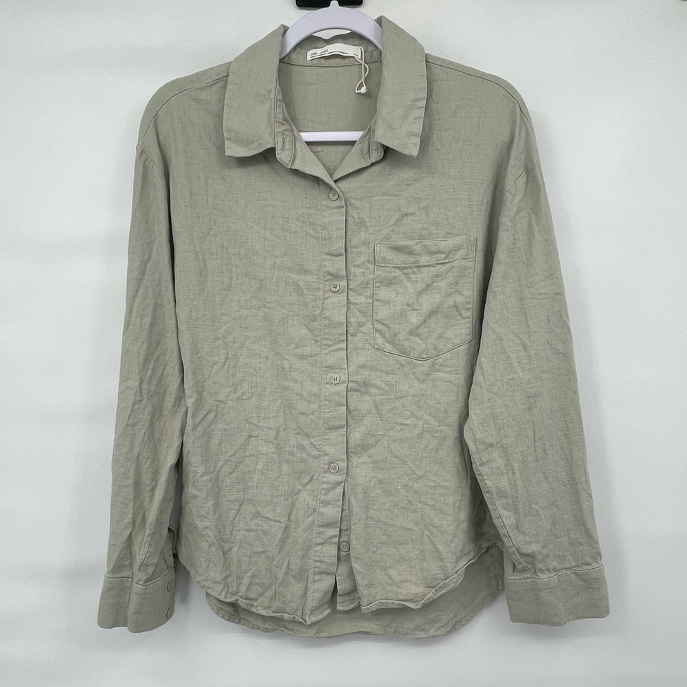 Oak + Fort linen blend tan button up long sleeve top